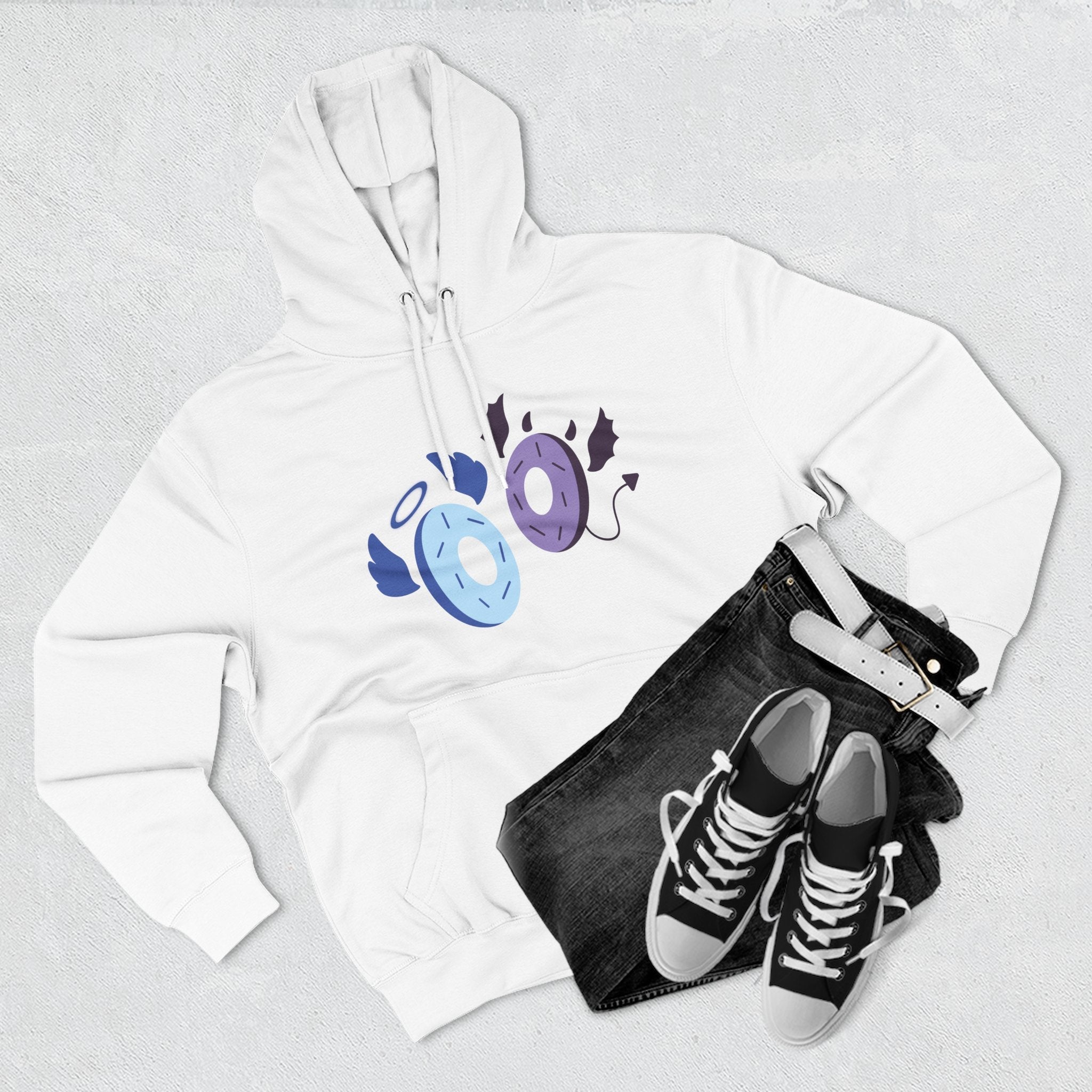 Duo Angel Devil Donuts Three-Panel Fleece Hoodie, Trio Graphic Hooded Pullover, Cute Kawaii Sweatshirt, Cozy Winter Jumper, Fun Foodie Printify